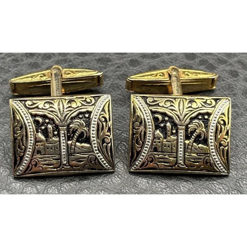 Vintage Damascene Gold Tone Ornate Rectangular Cufflinks Palace Palm Tree Moon